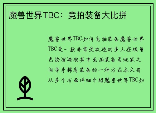 魔兽世界TBC：竞拍装备大比拼